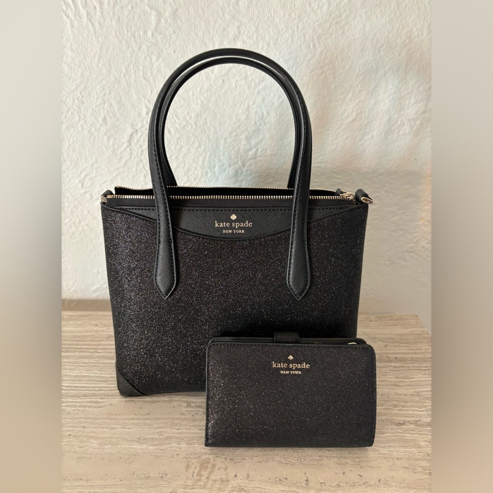 Black sparkle Kate spade bag and wallet